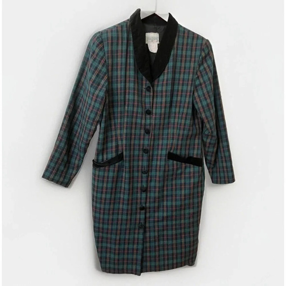 Vintage Northern Traditions Green Plaid Velvet Trim Long Line Button Front Dress - Picture 1 of 5